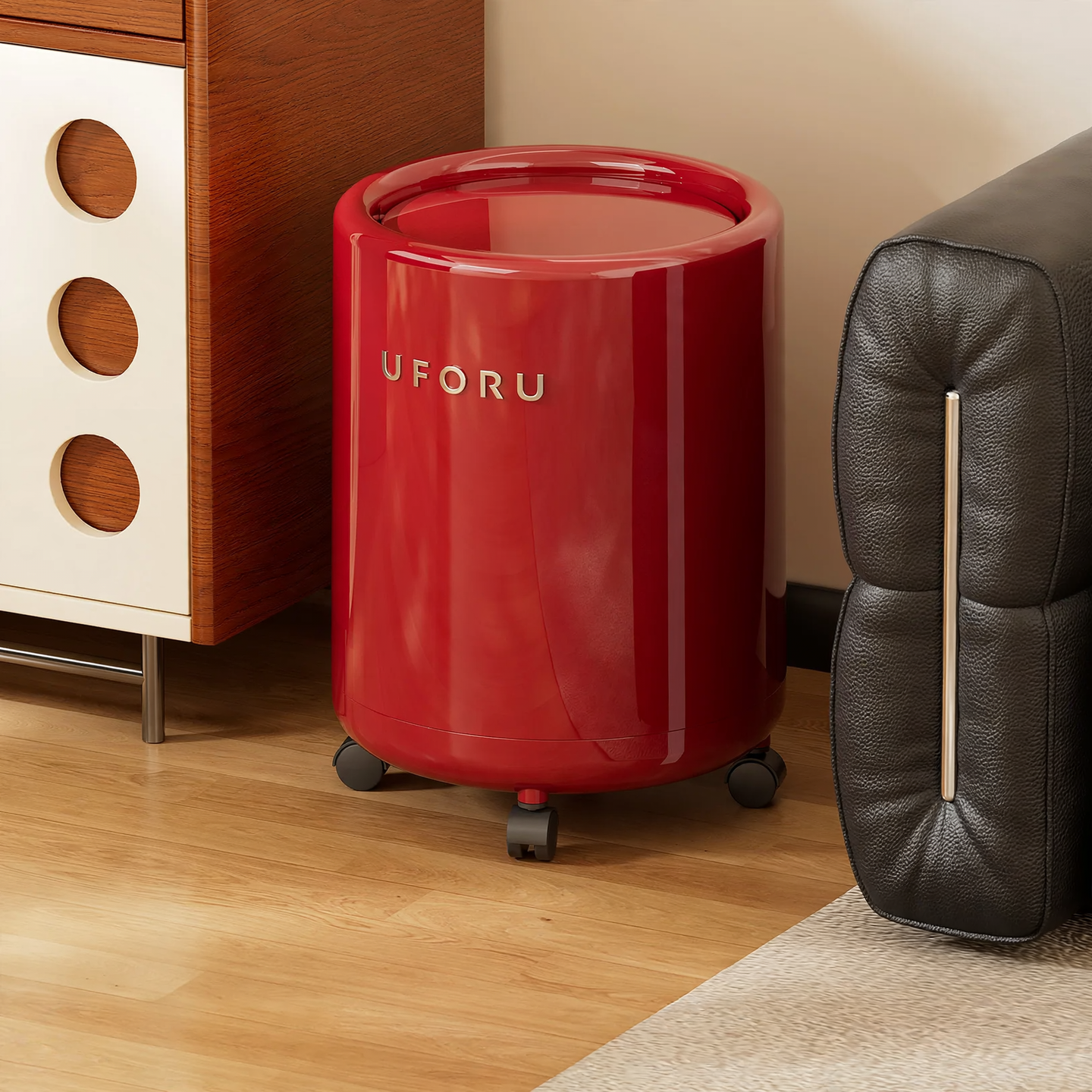 Large trash can with wheels and polka-dot design