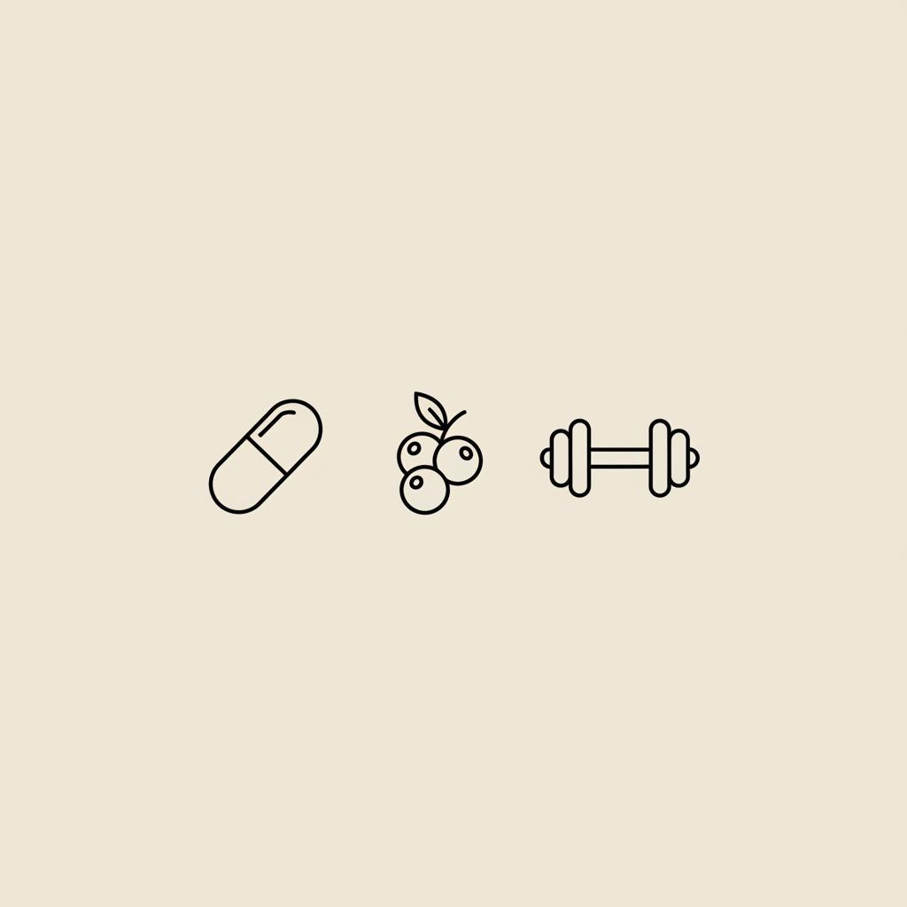 Minimalist beige vector line illustration of a capsule, a small bunch of berries, and a dumbbell representing healthy weight management — how to drop 20lbs asap