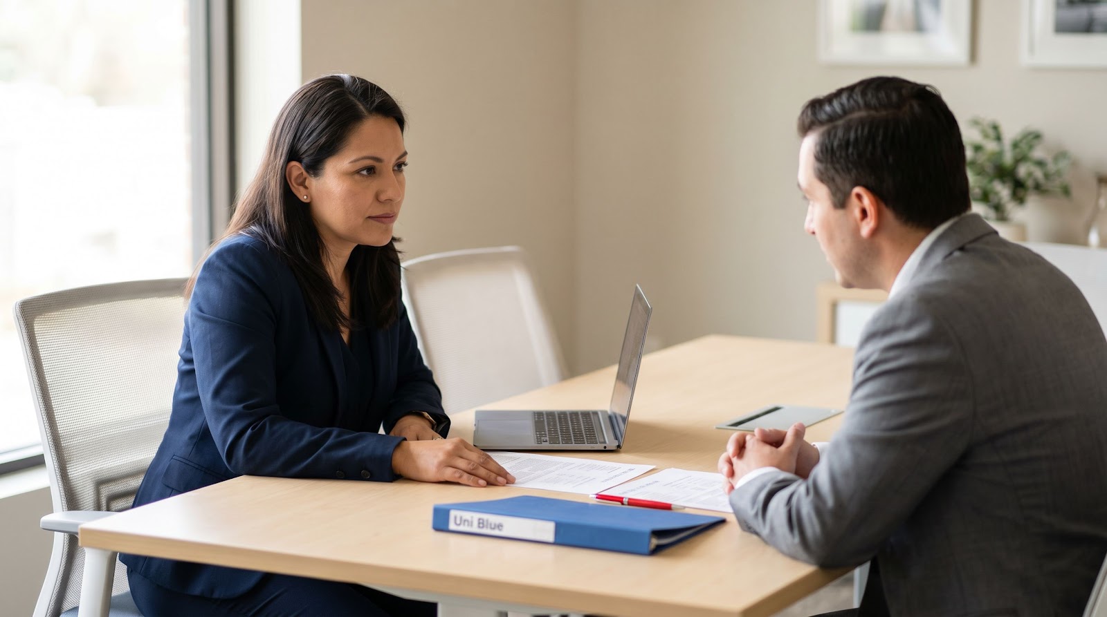 Hispanic Florida business owner reviewing breach notice documents with an advisor for florida cyber liability insurance