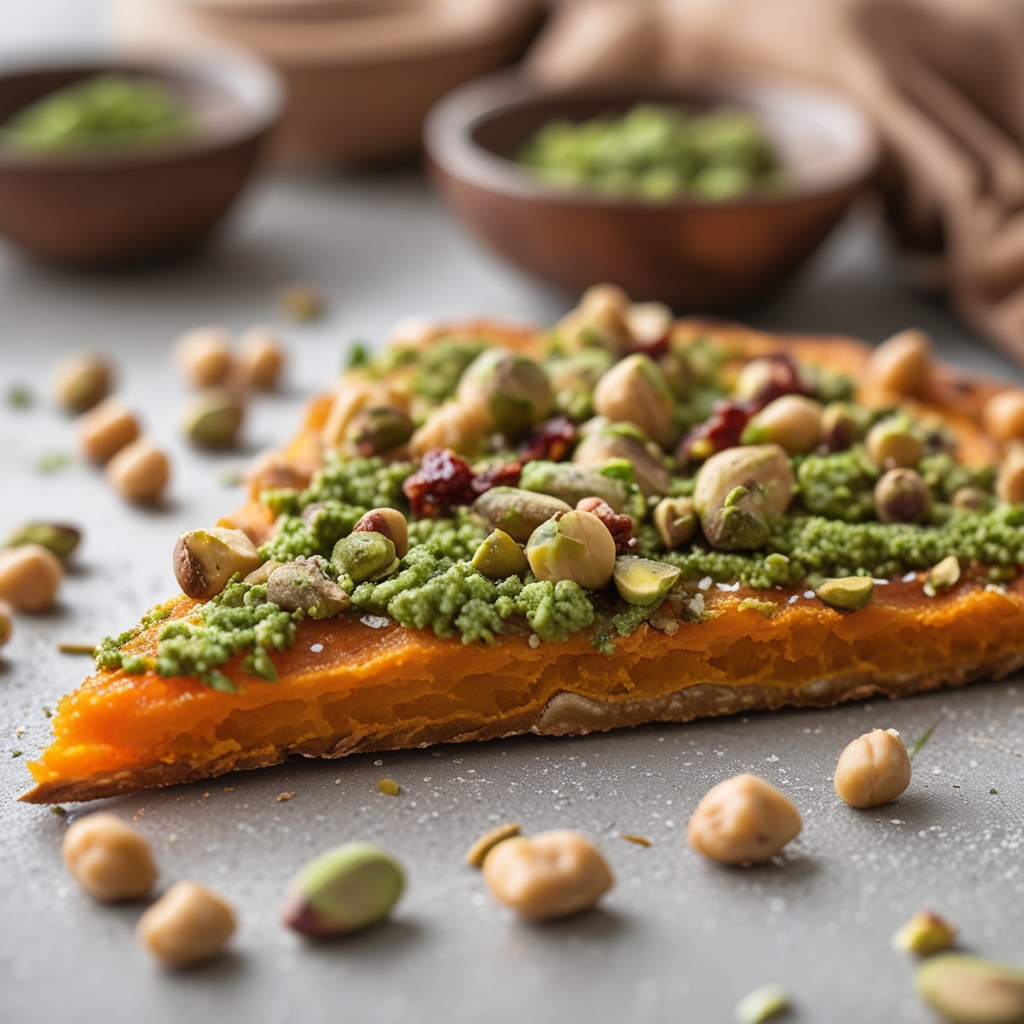 Final Golden Sweet Potato Flatbread with Zesty Pistachio Pesto & Sundried Chickpeas