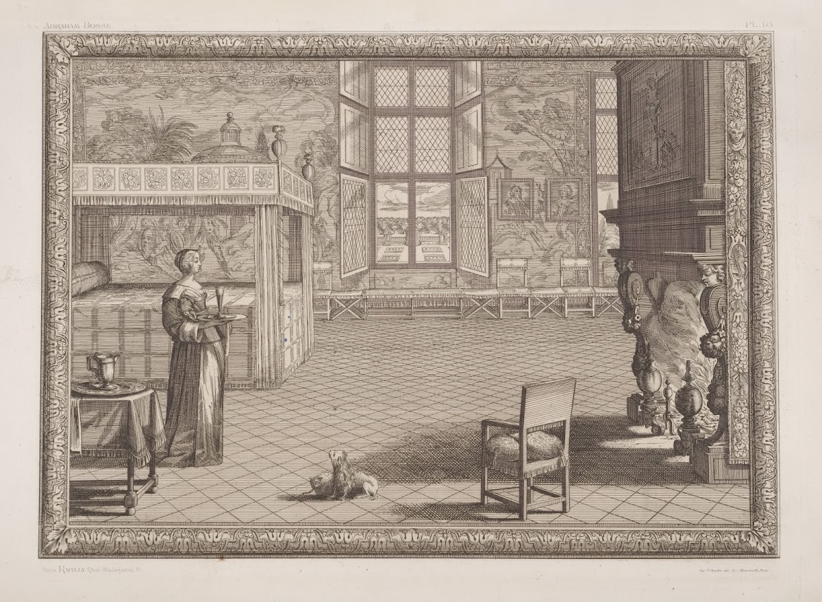 Scene of woman in a bedroom holding a tray with a glass 1875 1890