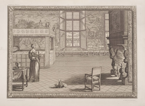 Scene of woman in a bedroom holding a tray with a glass 1875 1890