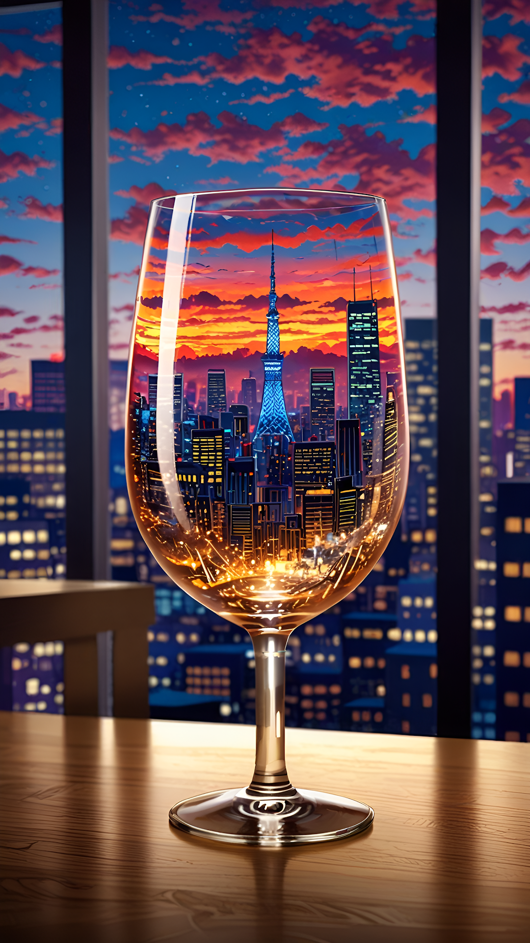 City Skyline Reflection in Wine Glass Sunset View - Free 4K mobile Wallpaper