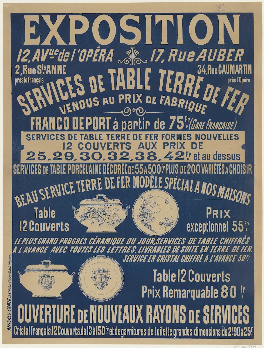 Exposition 12 av de lOpéra Services de table terre de fer vendus au prix de fabr