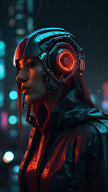 Neon Noir Cyberpunk Woman Glowing Headset Rain - Free mobile Wallpaper