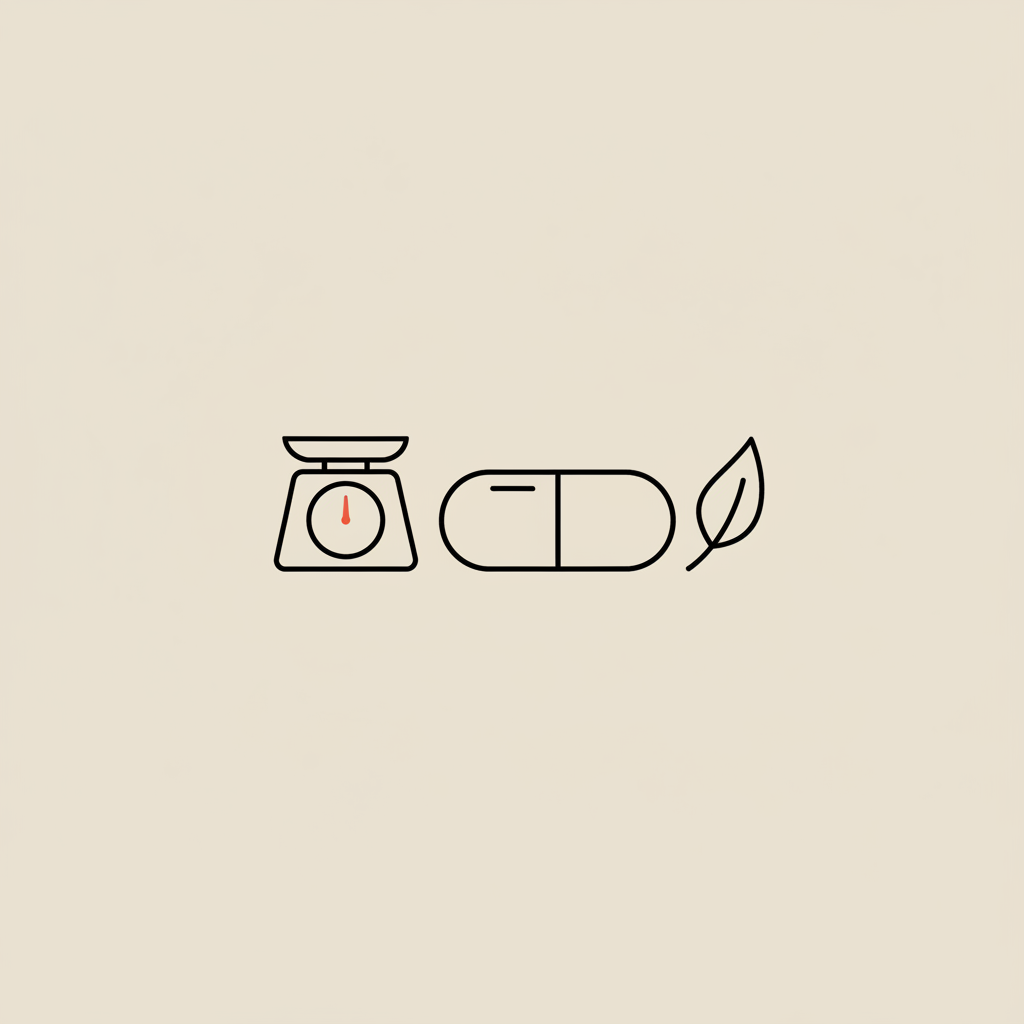 Minimalist Tonum-style line illustration of a capsule, leaf, and scale on beige background — what is the #1 weight loss medication?