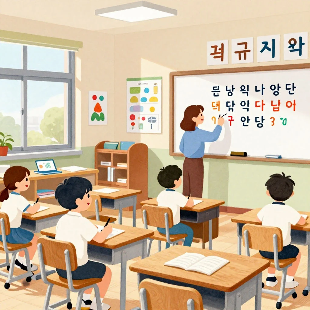 초등학교 1~2학년 교실에서 선생님이 한글을 가르치는 따뜻한 수업 장면