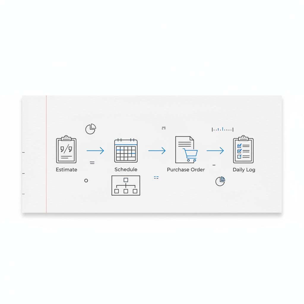 Vector notebook-style sketch of a construction project workflow from estimate to schedule to purchase order to daily log in dark gray and blue, construction management software