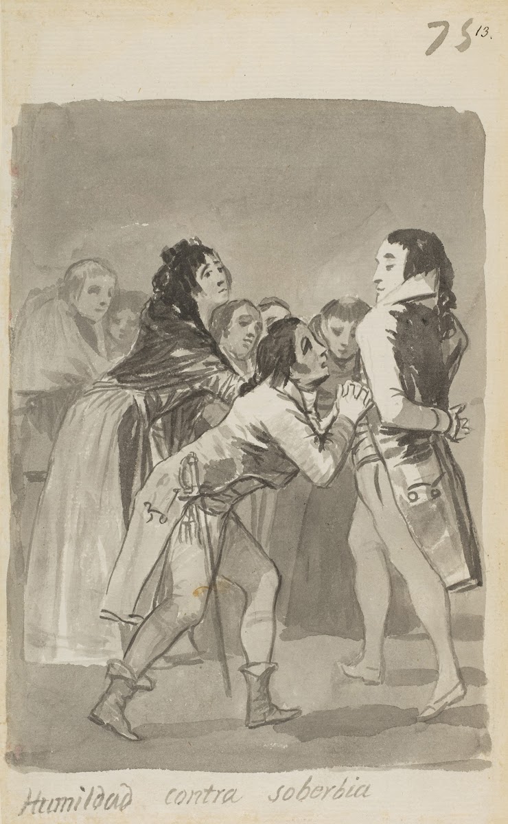 Humility versus Pride a young man imploring an older man with other figures in f