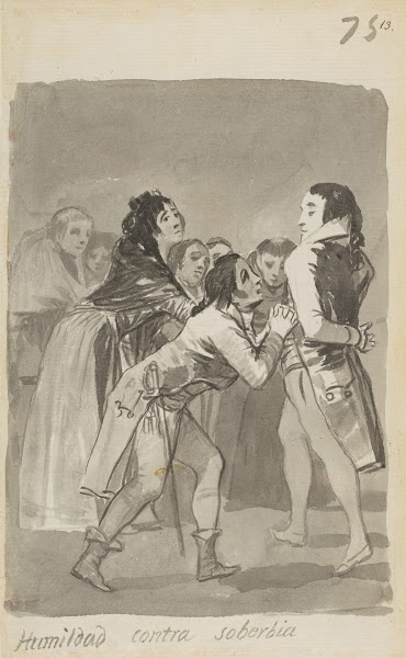 Humility versus Pride a young man imploring an older man with other figures in f