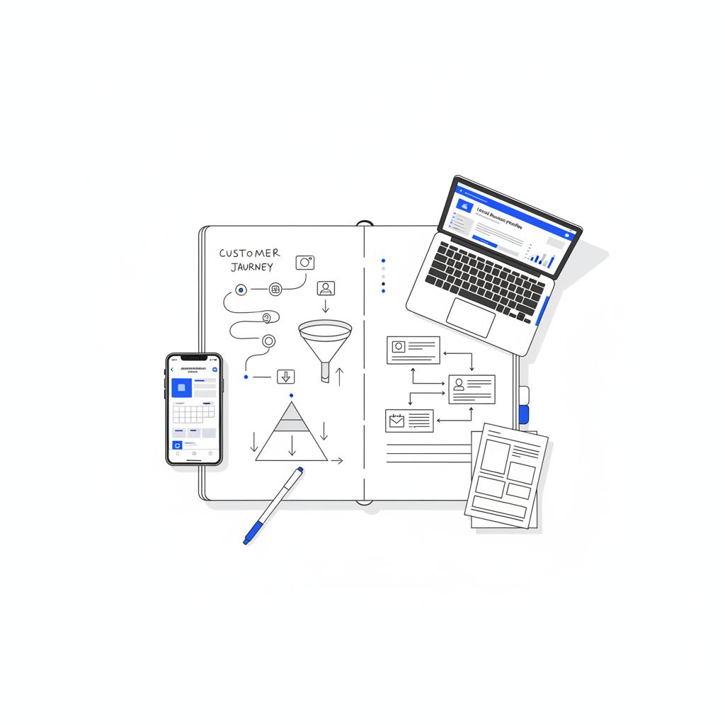 Minimalist flat-lay of accountant marketing tools on white background: phone appointment UI, laptop business profile dashboard, printed ad-copy drafts, blue accent pen &mdash; where do accountants advertise