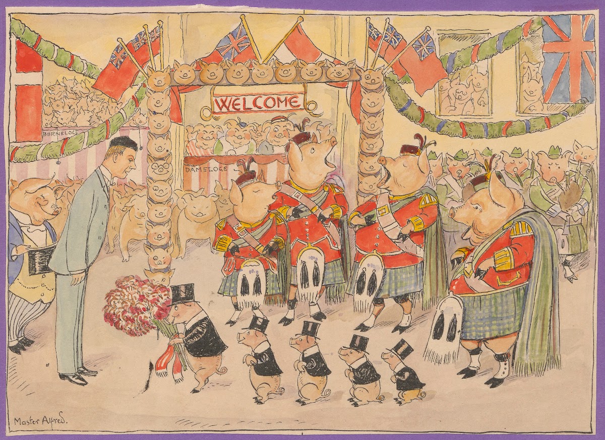 Four pigs wearing kilts sing while five pigs wearing top hats present a man with