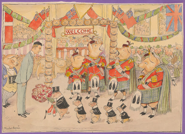 Four pigs wearing kilts sing while five pigs wearing top hats present a man with