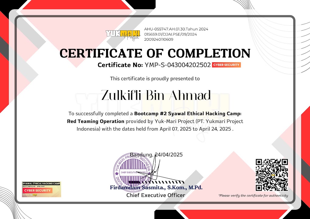 Sertifikat Tuan Zulkifli bin Ahmad - IT Support (Malaysia)