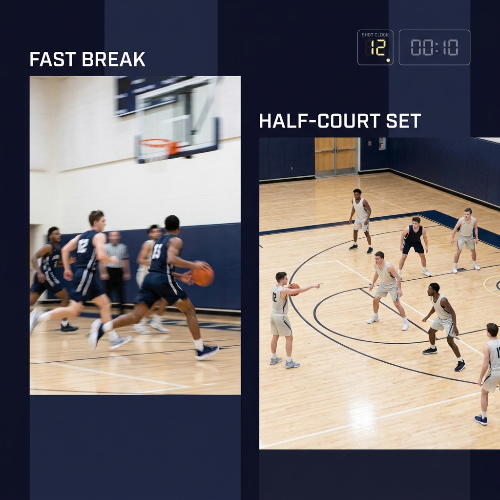 Split full frame photo showing a fast transition play and a deliberate halfcourt set illustrating How Tempo Shapes College Basketball Totals