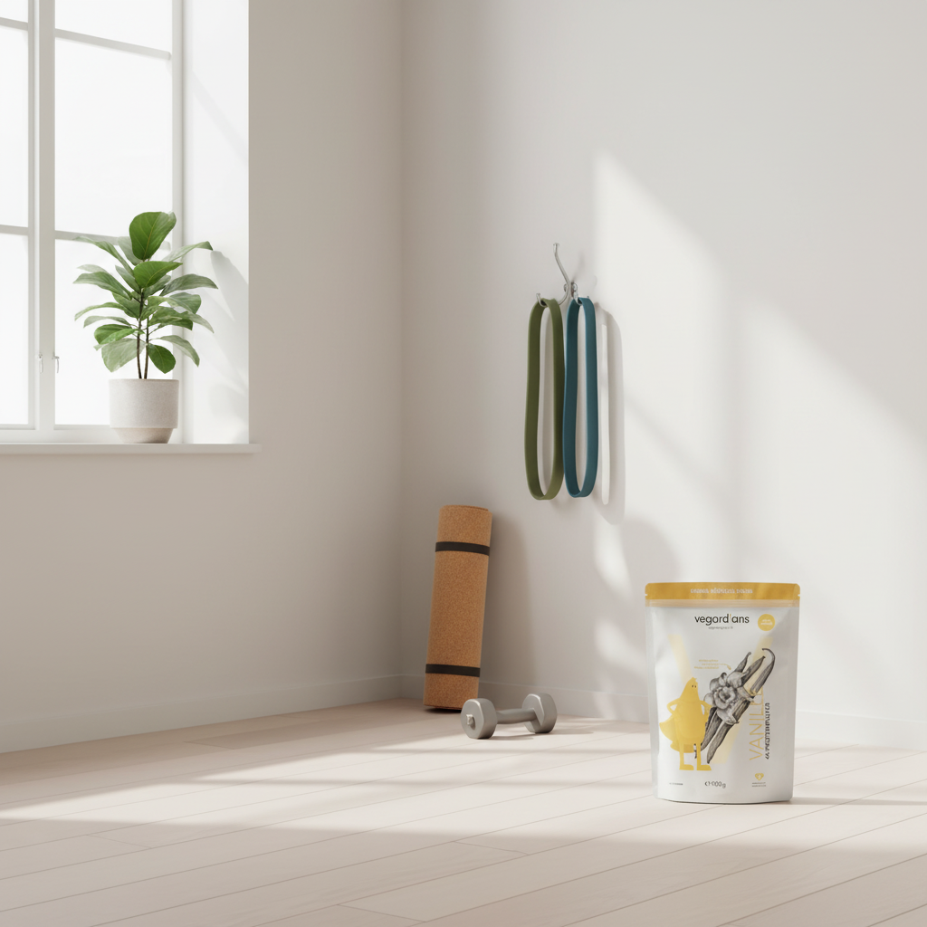 Minimalistische Heimtrainingsszene mit aufgehängten Widerstandsbändern, Yogamatte, Hantel und Pflanze im hellen Wohnzimmer – übungen mit bändern im skandinavischen Stil