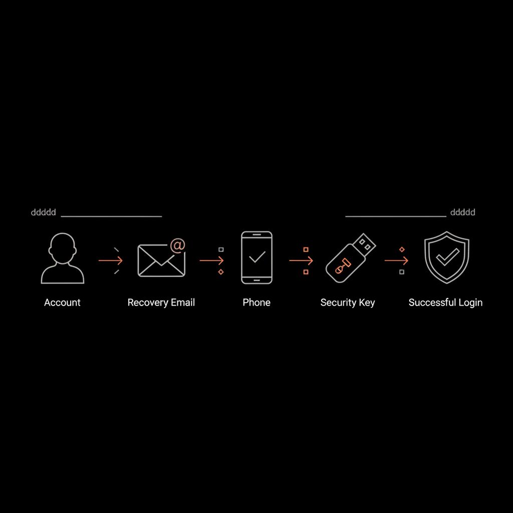 Minimal infographic on black background showing google account recovery flow: account → recovery email → phone → security key → successful login