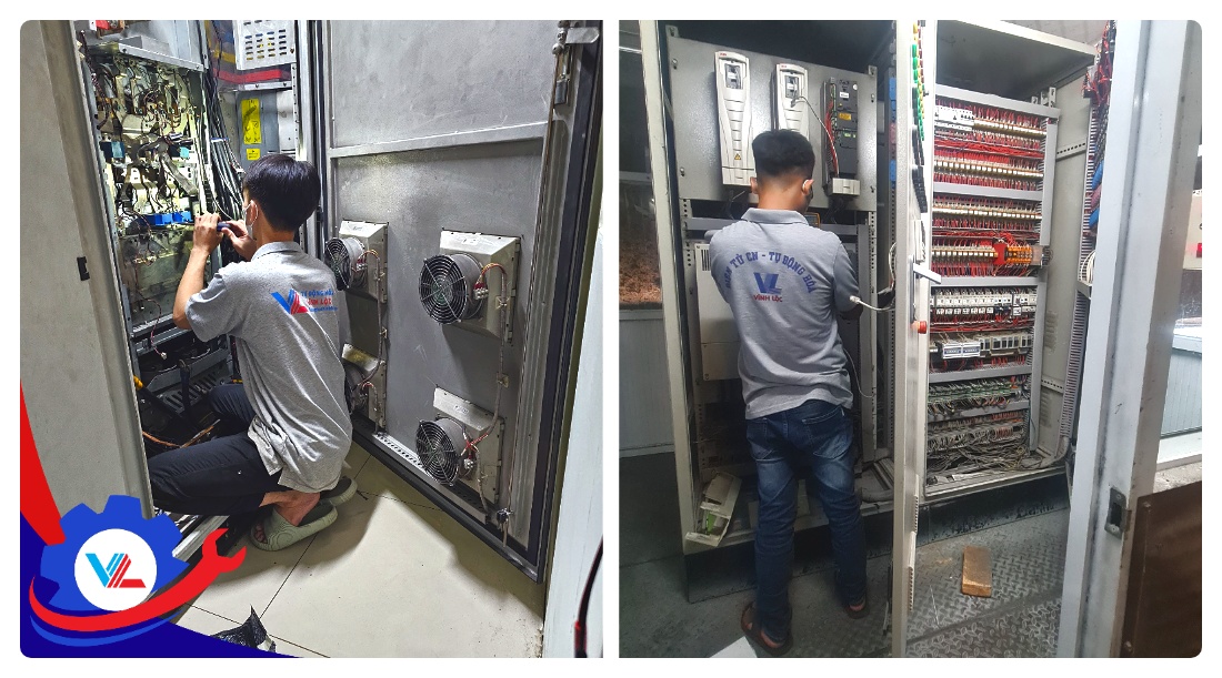  Kỹ sư đang thực hiện bảo trì hệ thống điều khiển tại nhà máy