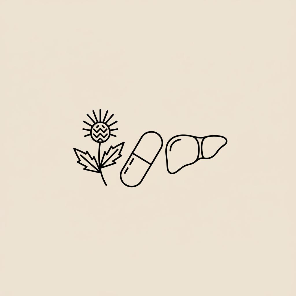 Minimalist line-art milk thistle, capsule, and liver silhouette on beige background representing liver supplements