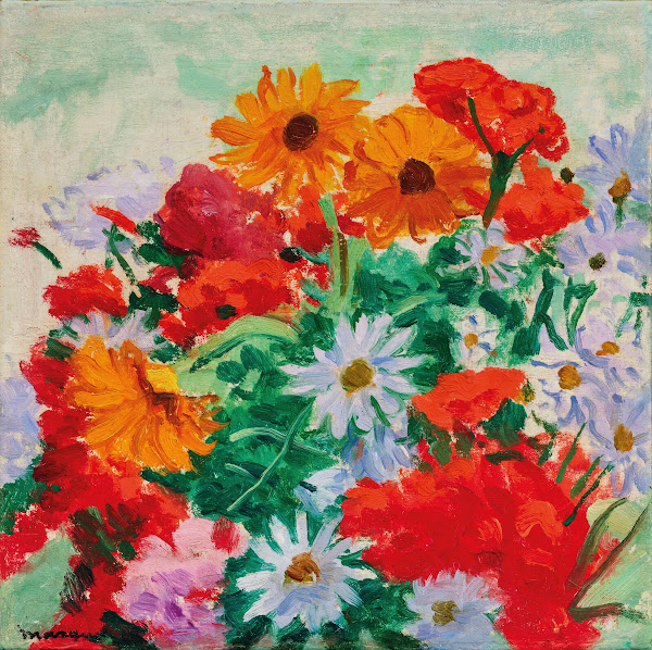 Bouquet de marguerites soucis et géraniums circa 1943 1944