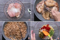 Ướp ức gà với 1 muỗng cà phê hạt nêm, 1 muỗng cà phê đường, 1 muỗng canh dầu mè, 1 muỗng canh nước tương, 1 muỗng canh dầu hào, 1 muỗng canh mật ong, ướp trong 30 phút. Đem rán thịt ở lửa vừa sau đó xé sợi, thêm nước ướp gà vào cho gà đã xé vào lại chảo, xào tới khi khô. Trộn 100g ức gà xé sợi với 50g mỗi loại: mứt gừng đỏ, lạp xưởng áp chảo, mứt hạt sen, lá chanh, mứt bí, hạt điều rang, hạt dưa rang chín.