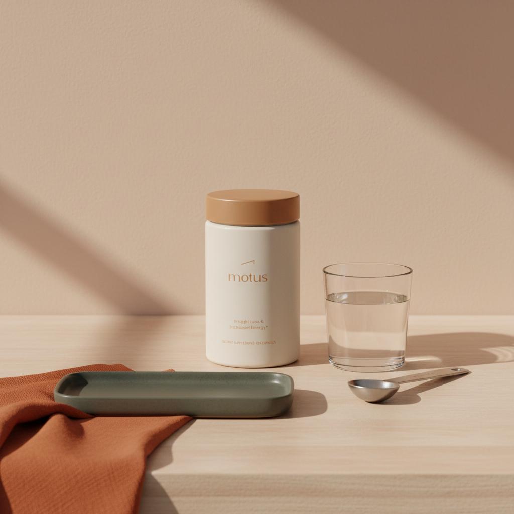 Minimalist kitchen scene with Motus container on tidy counter beside measuring spoon and glass of water, suggesting appetite suppressant pills in a daily wellness routine.