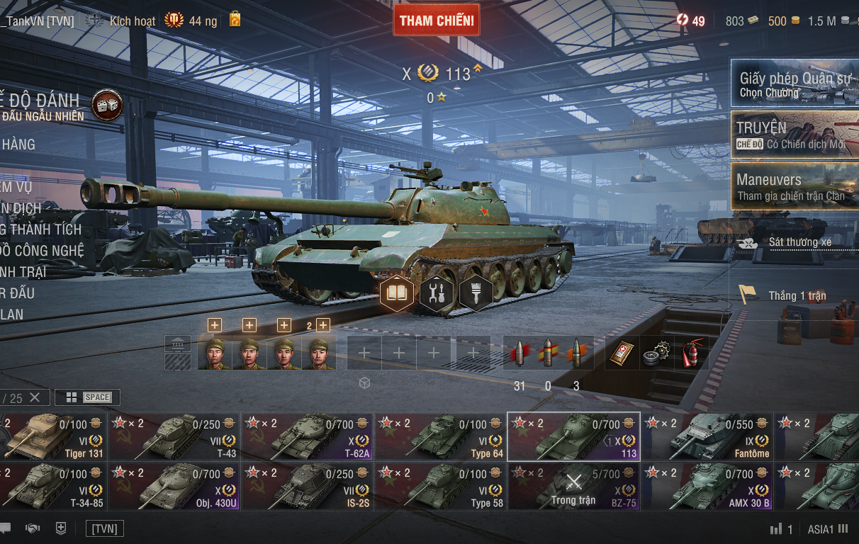 Acc World of Tanks PC gồm 6 tank X BZ-75, 113, Obj 430U, T-6...