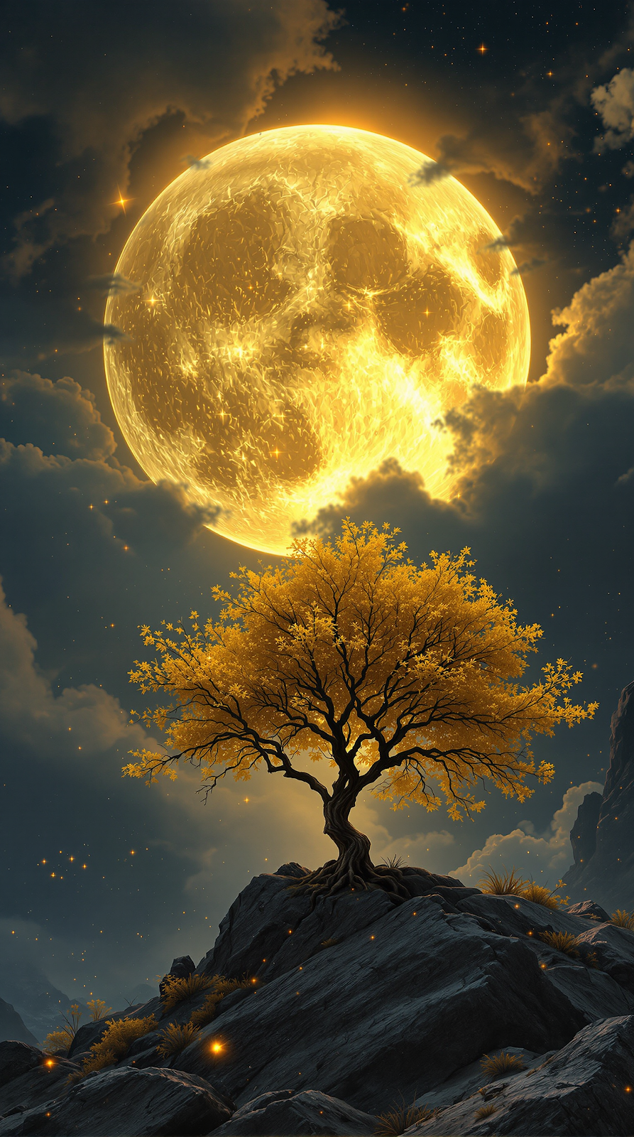 Magical Moon and Lone Tree Fantasy Landscape