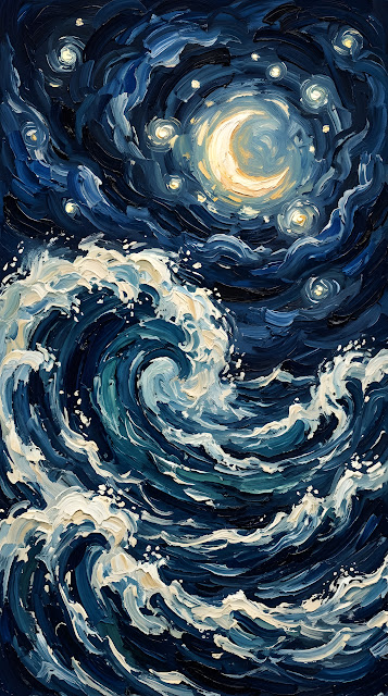 Impressionist Starry Night Sky over Turbulent Blue Ocean Waves - Free mobile Wallpaper