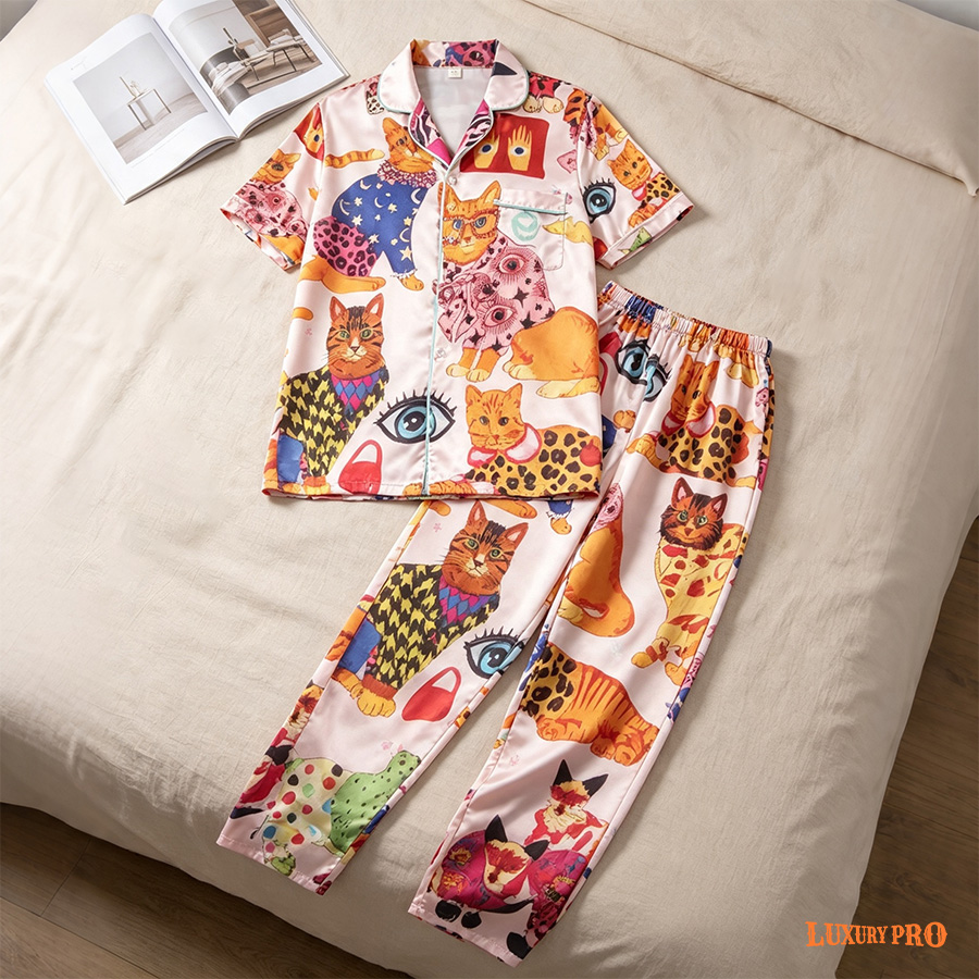 AOP KHU Short Sleeve & Long Pant Satin Trim Pajama Set
