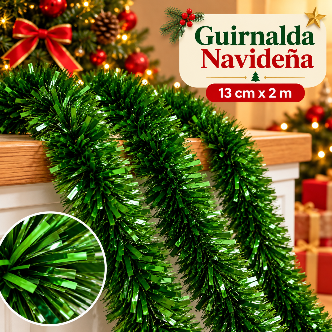 Guirnalda navideña tipo pino verde 13 cm x 2 m