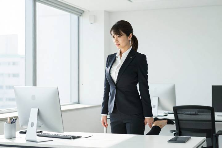オフィスでふくらはぎのストレッチをする日本人女性