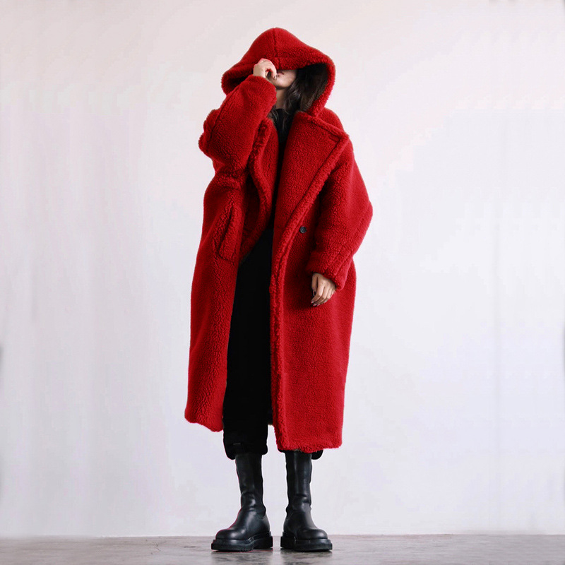 Women's Faux Fur Coat, Mid-Length, with Hood and Sheepskin Look
