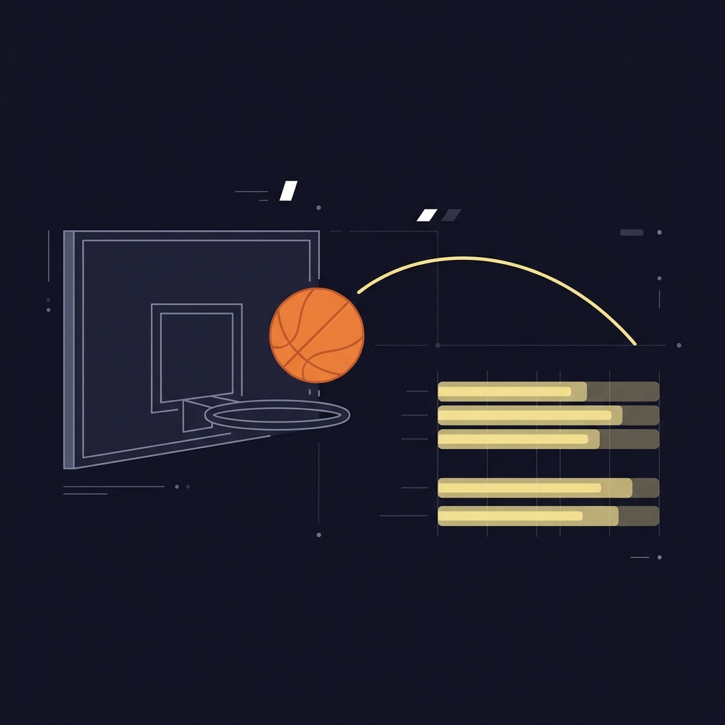 Minimalist 2D vector of a basketball arcing toward a hoop with translucent usage rate and TS percent bar charts in Funded Plays color palette jaylen brown props