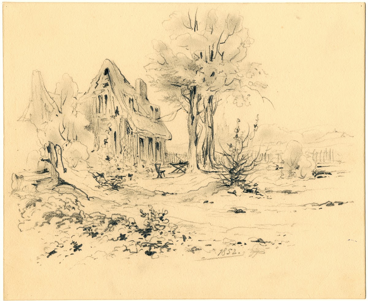 Huis met bomen en waterpomp aan de voet van de duinen 1852