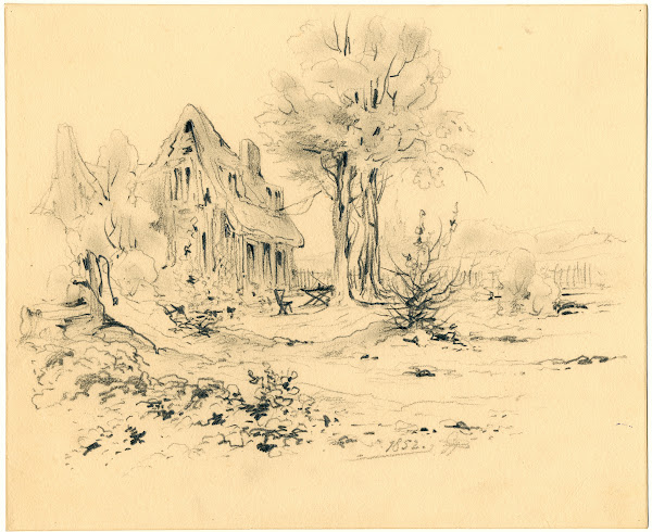 Huis met bomen en waterpomp aan de voet van de duinen 1852