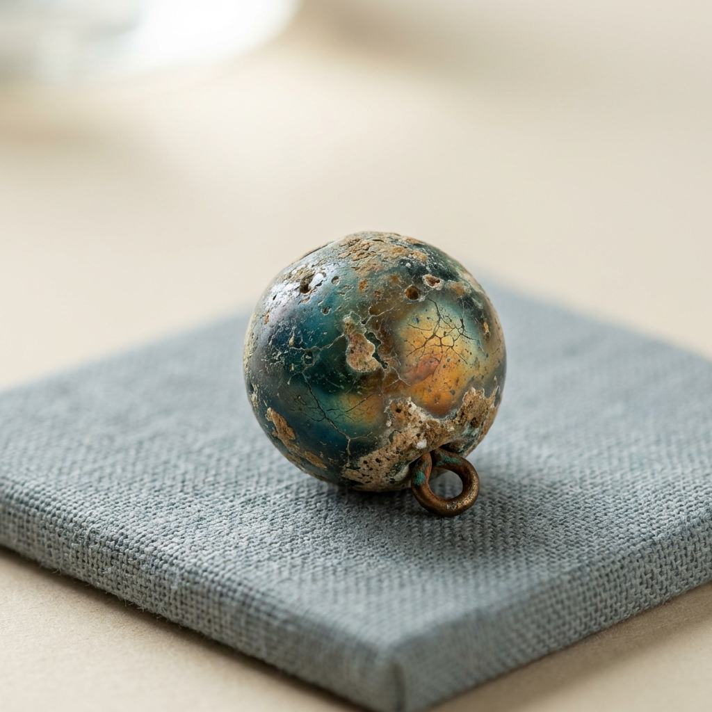 israel roman glass jewelry macro close up of an iridescent weathered Roman glass bead with teal and amber iridescence on a warm beige background