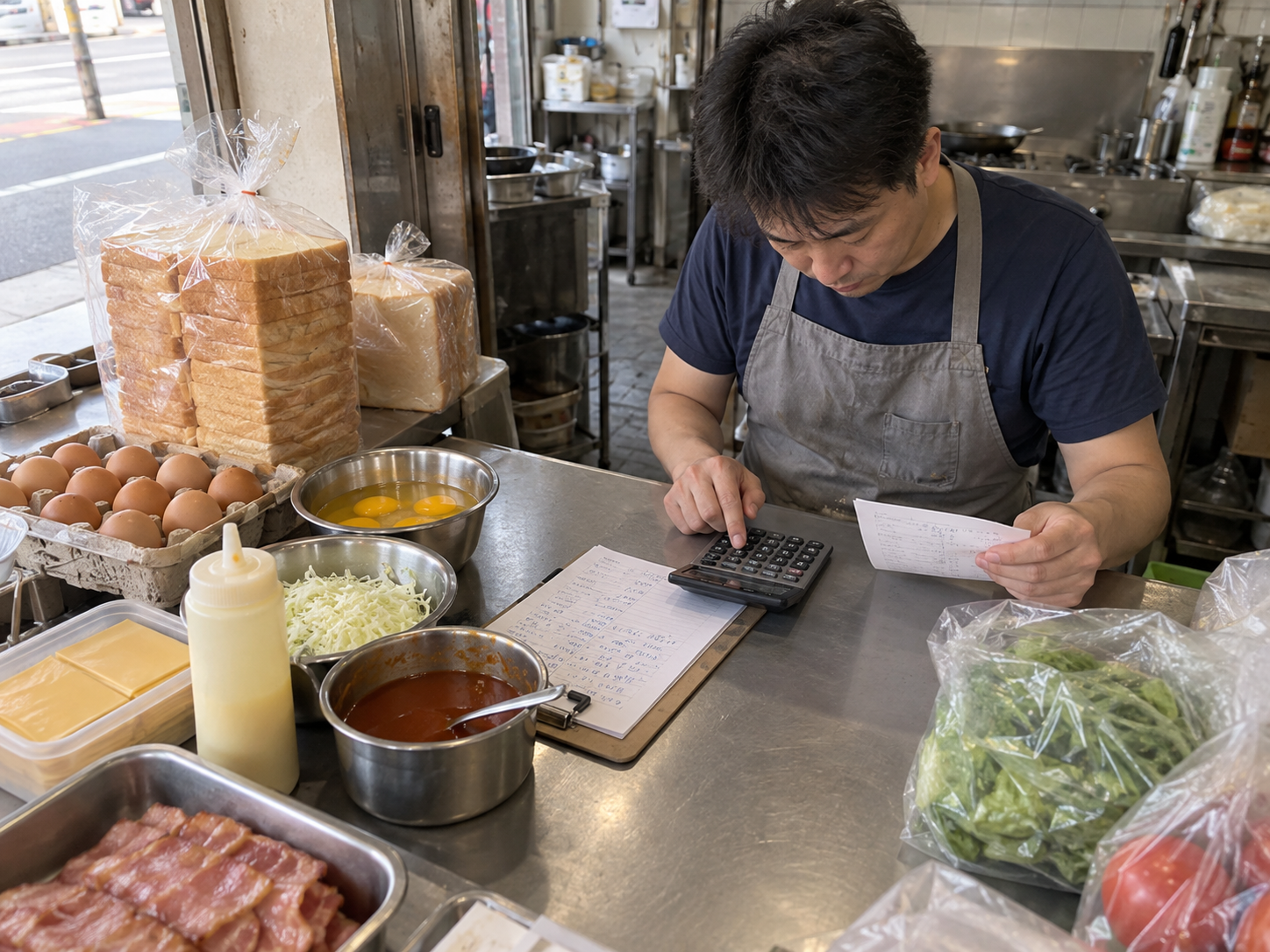 老闆用計算機核對食材與餐點成本