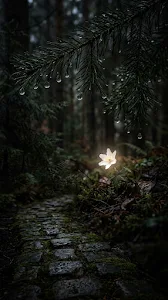 Macro Photo of a Lone White Flower Under Dark Foliage with Raindrops