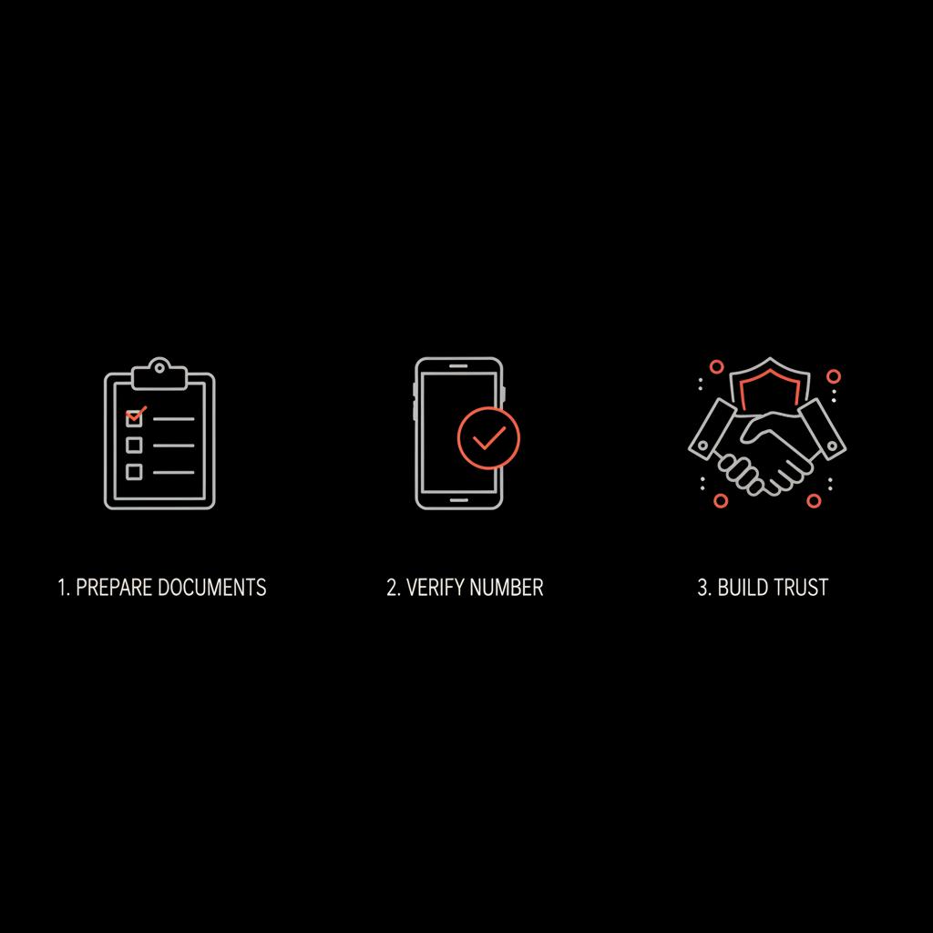 Minimal three-step infographic showing prepare docs, verify number, and build trust icons in Social Success Hub brand colors — How to get WhatsApp Business number verified