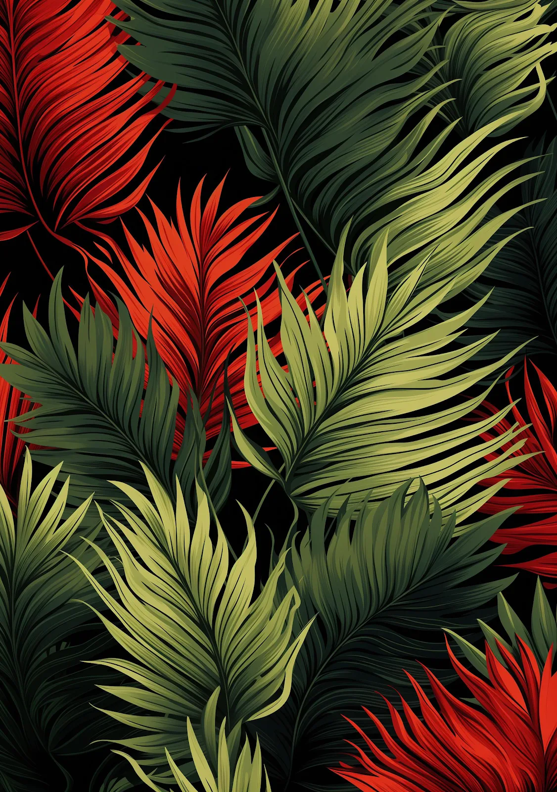 Tropical Red And Green Leaves - Digital Illustration 2K iPhone Wallpaper (1824x2592)