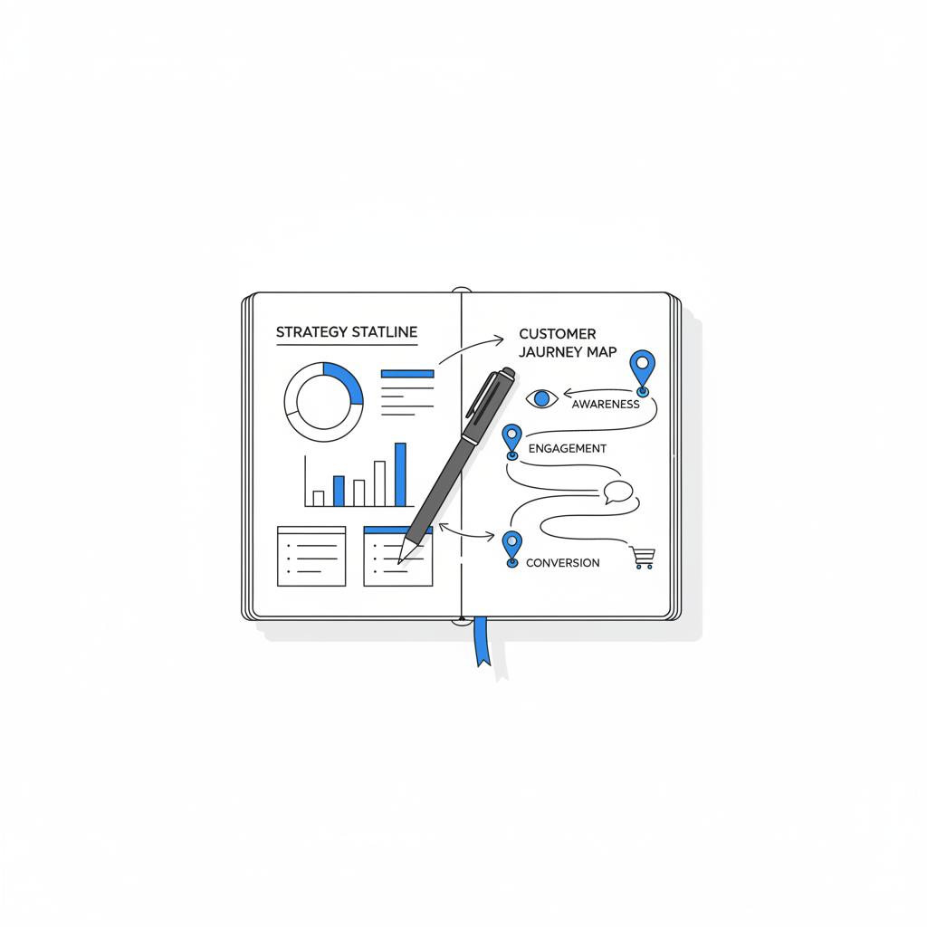 Top-down vector desk scene with printed market report, rough neighborhood map with pins, and pen &mdash; visual for How to promote your property management company?