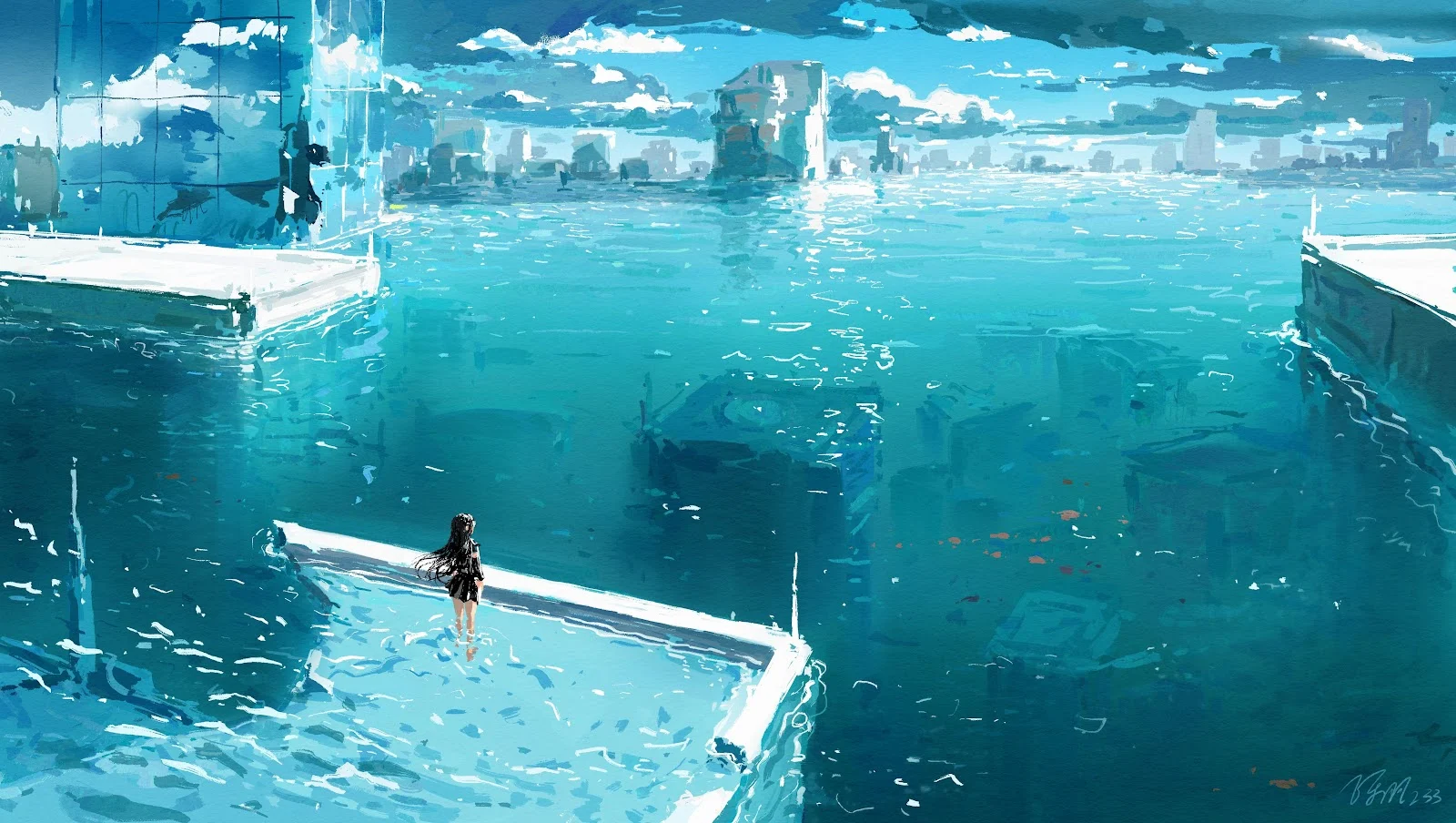 Flooded City, Digital Painting, Urban Fantasy, Dystopian Artwork 5K Wallpaper Background (6401x3618)