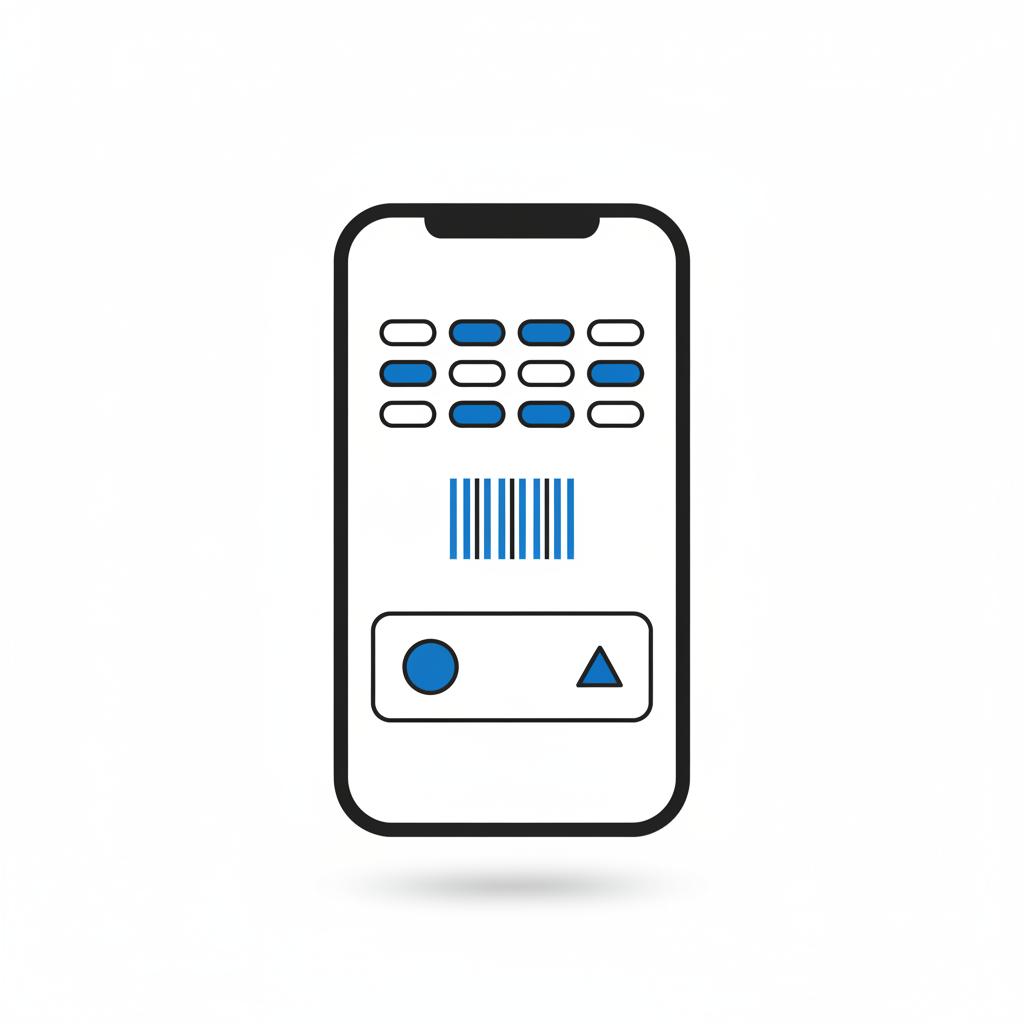 Minimal 2D vector smartphone showing VIN lookup and recall status interface with barcode and blue status badge suitable for trade car for car article