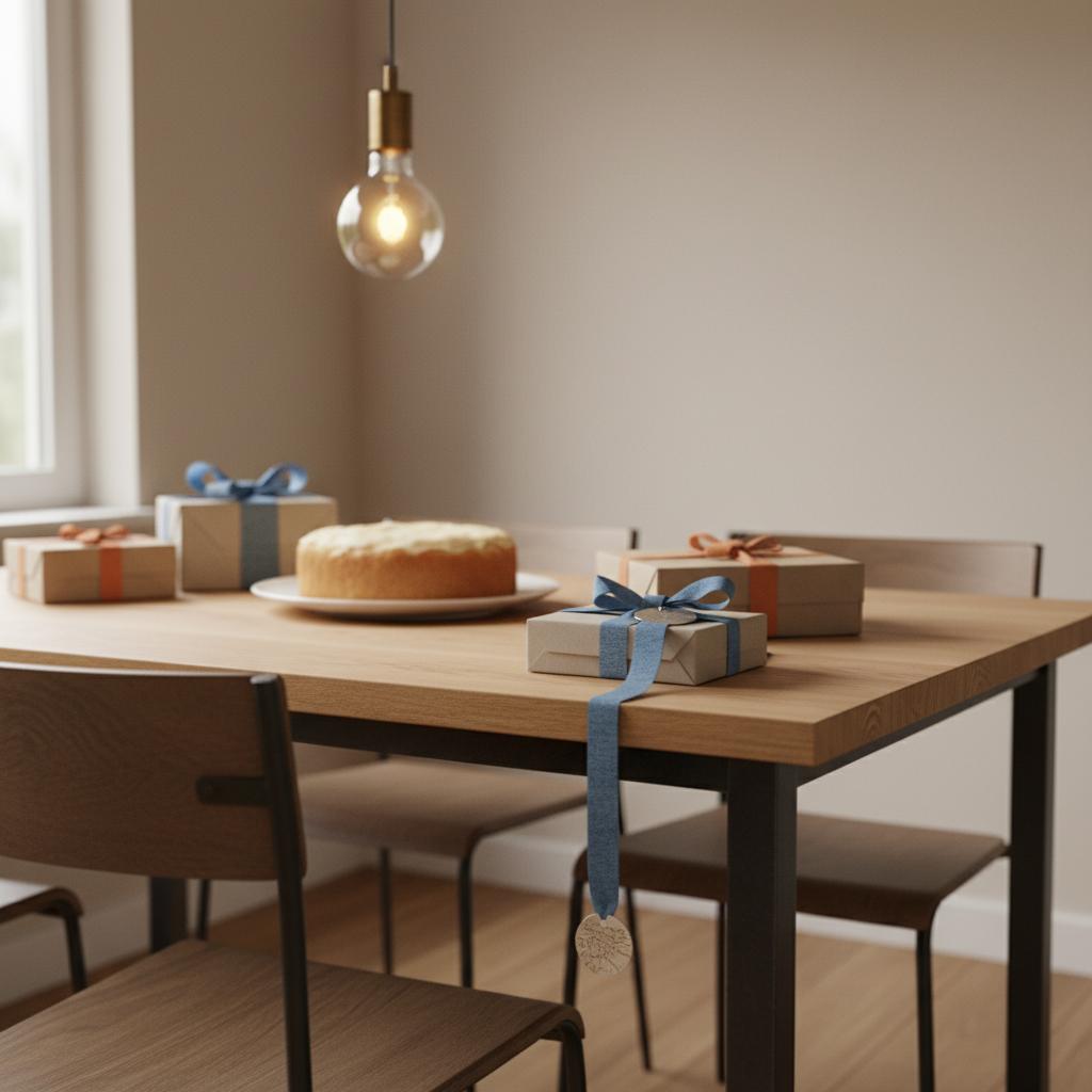 Intime Esstischszene mit Geschenken und Vanillekuchen für 50. Geburtstag Ideen, minimalistisch, warme industrielle Details (Metall, Holz), Hintergrund #FAFAFF, Akzent #ff9800