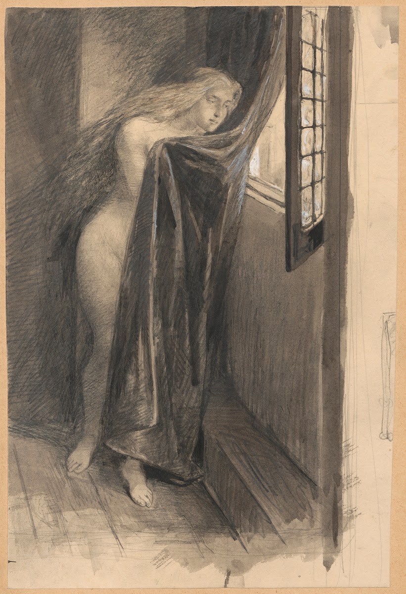A naked woman looks out of a window while covering her body with the curtain 187