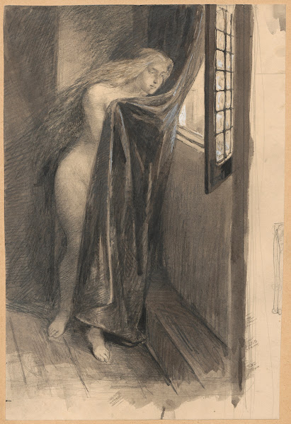 A naked woman looks out of a window while covering her body with the curtain 187