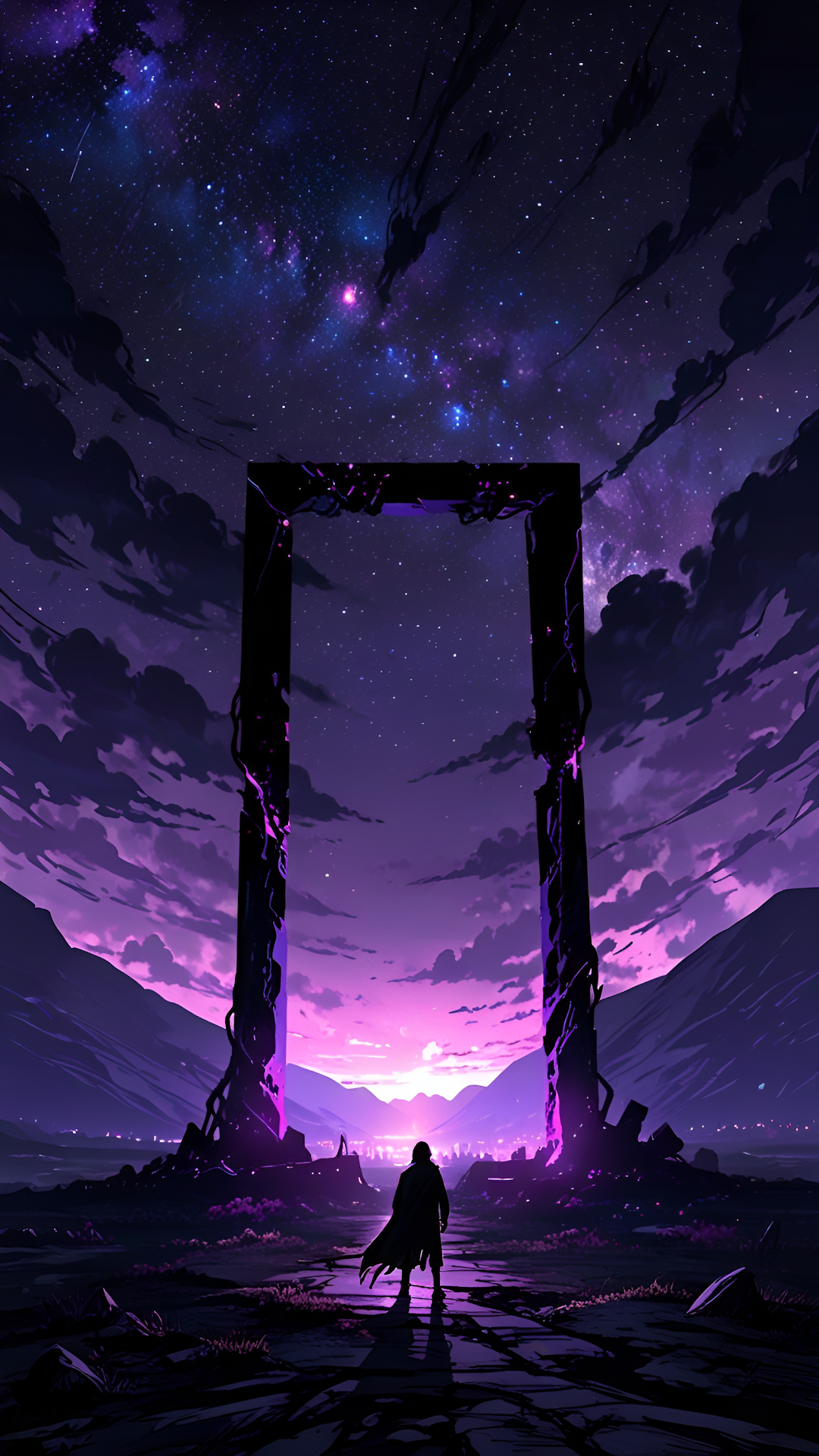 Lone figure walks toward glowing purple portal under starry sky - Free 4K mobile Wallpaper