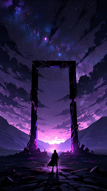 Lone figure walks toward glowing purple portal under starry sky - Free mobile Wallpaper
