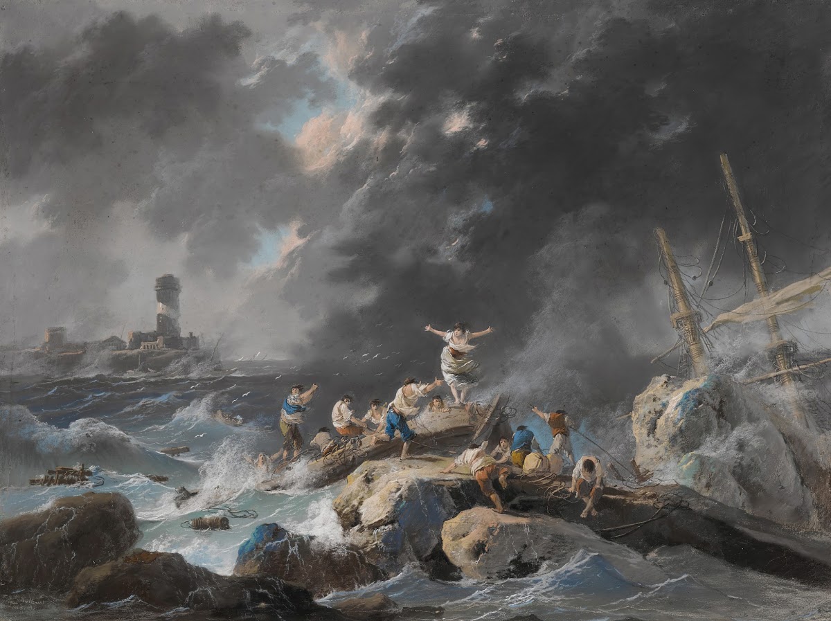 A shipwreck on a coast during a storm a lighthouse beyond